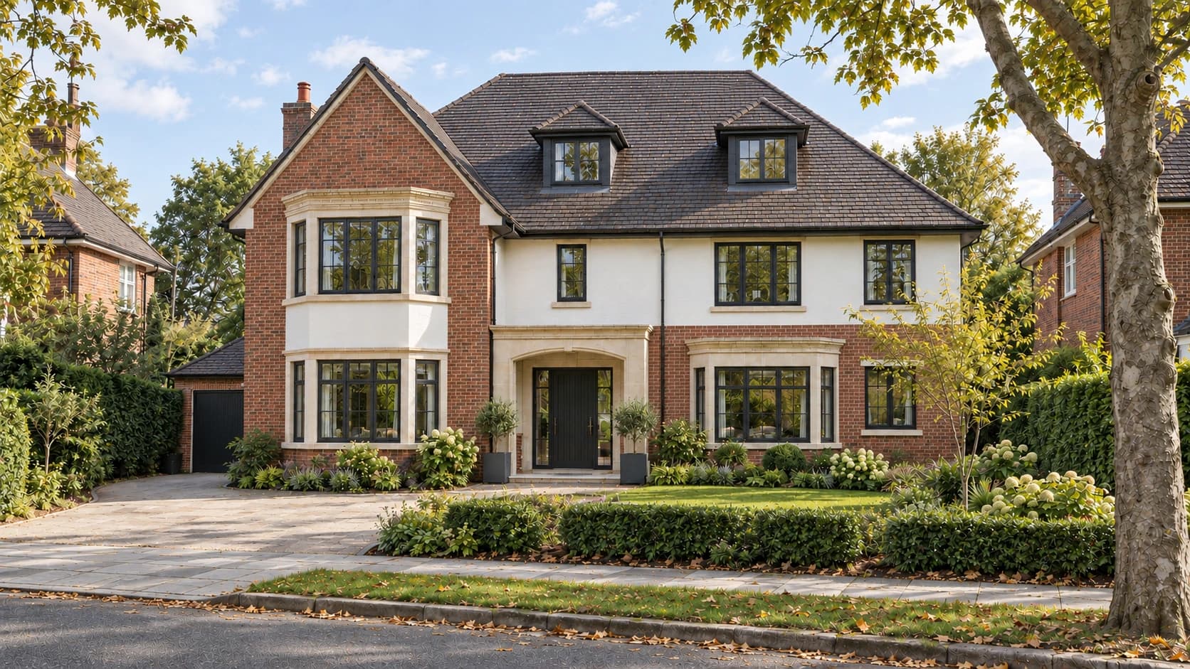 Architectural visualisation of a brick-and-render detached home in a leafy Birmingham suburban setting
